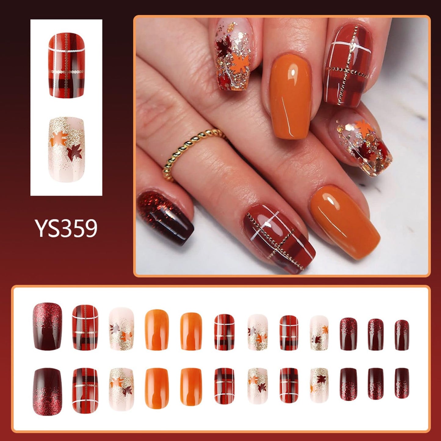 Autumn Maple Leaf Brown Red Press On Nails