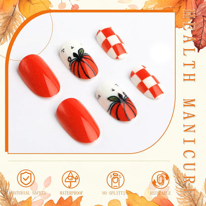 Autumn Pumpkin Plaid Short Square Press On Nails