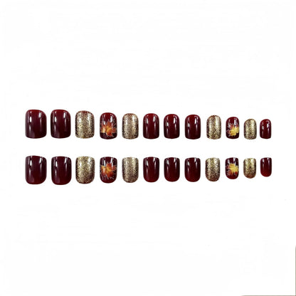 Wine Red Gold Maple Leaf Fall Press Nails