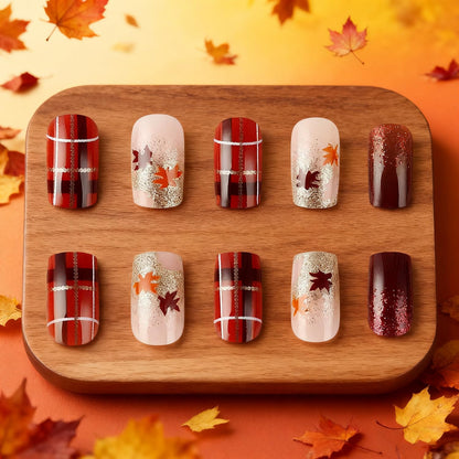 Autumn Maple Leaf Brown Red Press On Nails