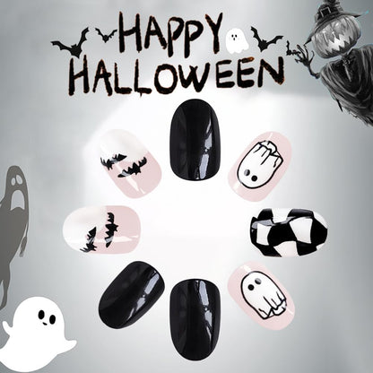 Halloween Ghost Bat Almond Press On False Nails