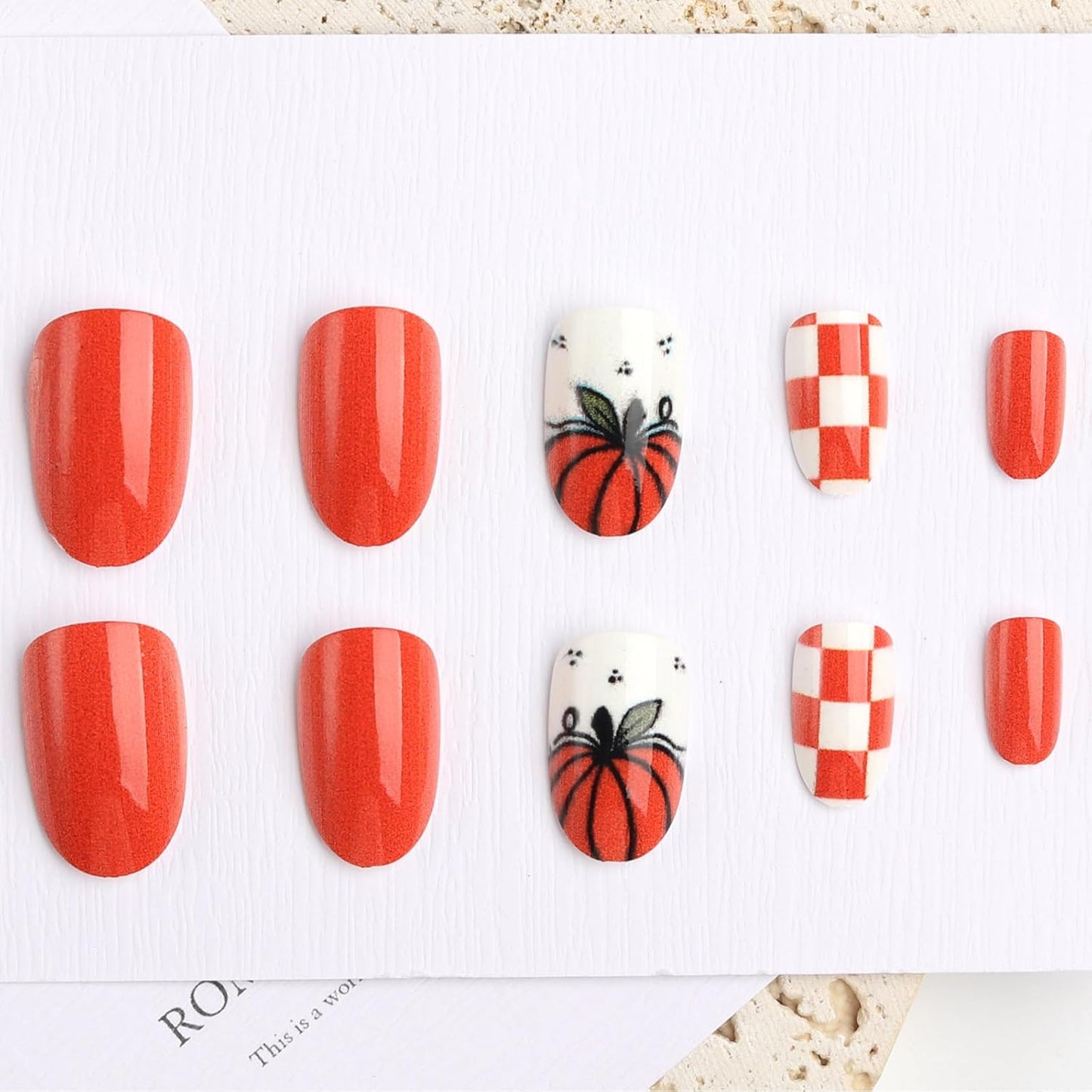 Autumn Pumpkin Plaid Short Square Press On Nails