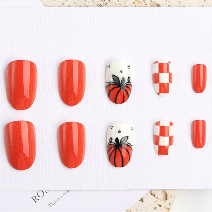 Autumn Pumpkin Plaid Short Square Press On Nails