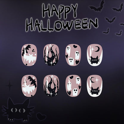 Halloween Short Almond Press On Nails Black Flame