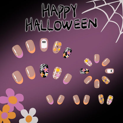 Halloween Ghost Bat Cobweb Almond Press On Nails
