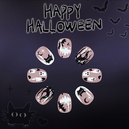 Halloween Short Almond Press On Nails Black Flame